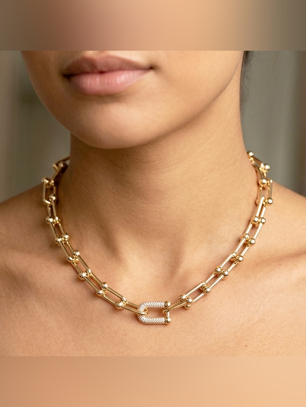 CZ Pave Accent Industrial Link Chunky Chain Necklace